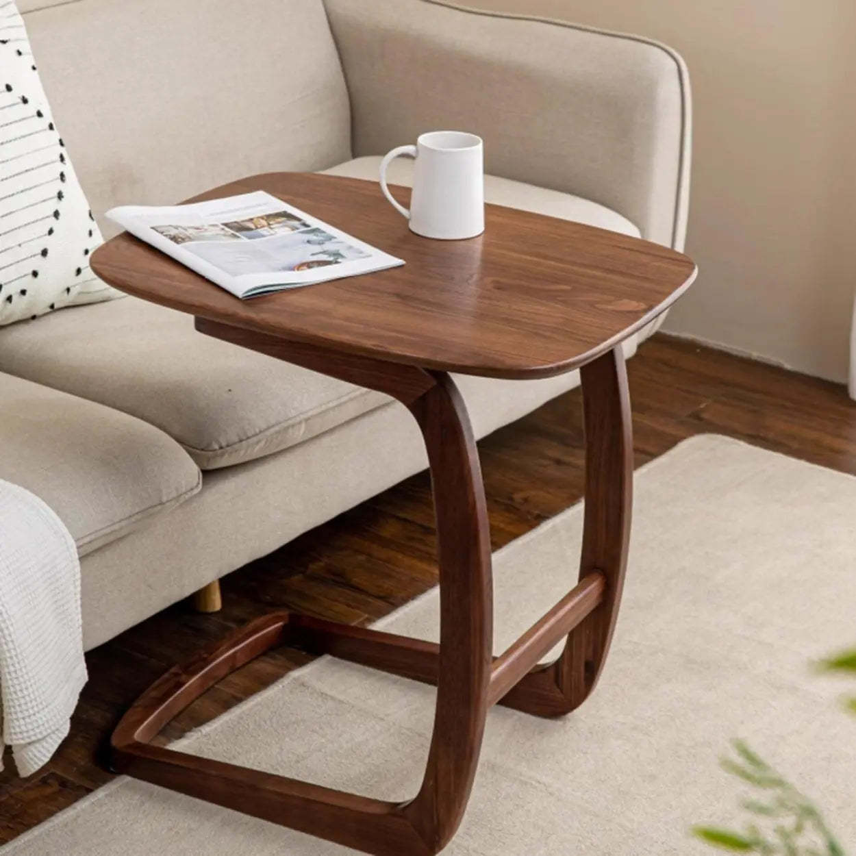 Scandinavian Brown Wood C-Shaped Chairside Table — Nut-Brown
