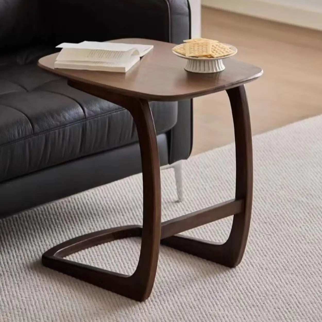 Scandinavian Brown Wood C-Shaped Chairside Table