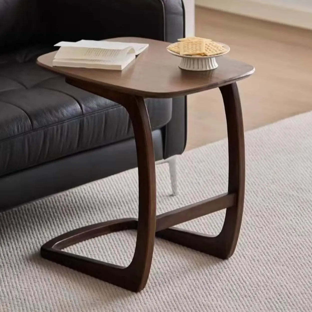Scandinavian Brown Wood C-Shaped Chairside Table