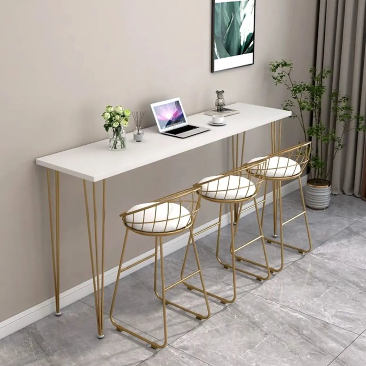 Scandinavian Chic White Rectangular Metal Bar Table — White-Black / Table Only