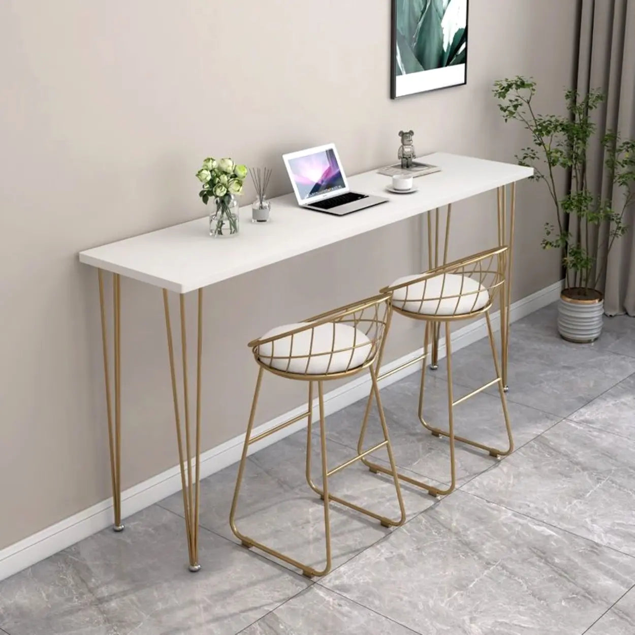 Scandinavian Chic White Rectangular Metal Bar Table — White-Gold / Table Only