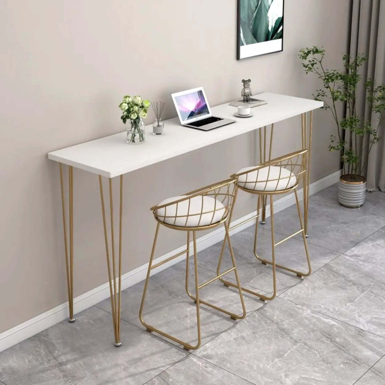 Scandinavian Chic White Rectangular Metal Bar Table — White-Gold / Table Only