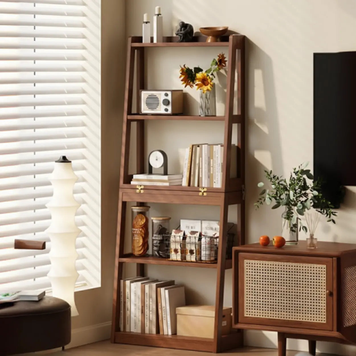 Scandinavian Corner Foldable Wood Ladder Bookshelf