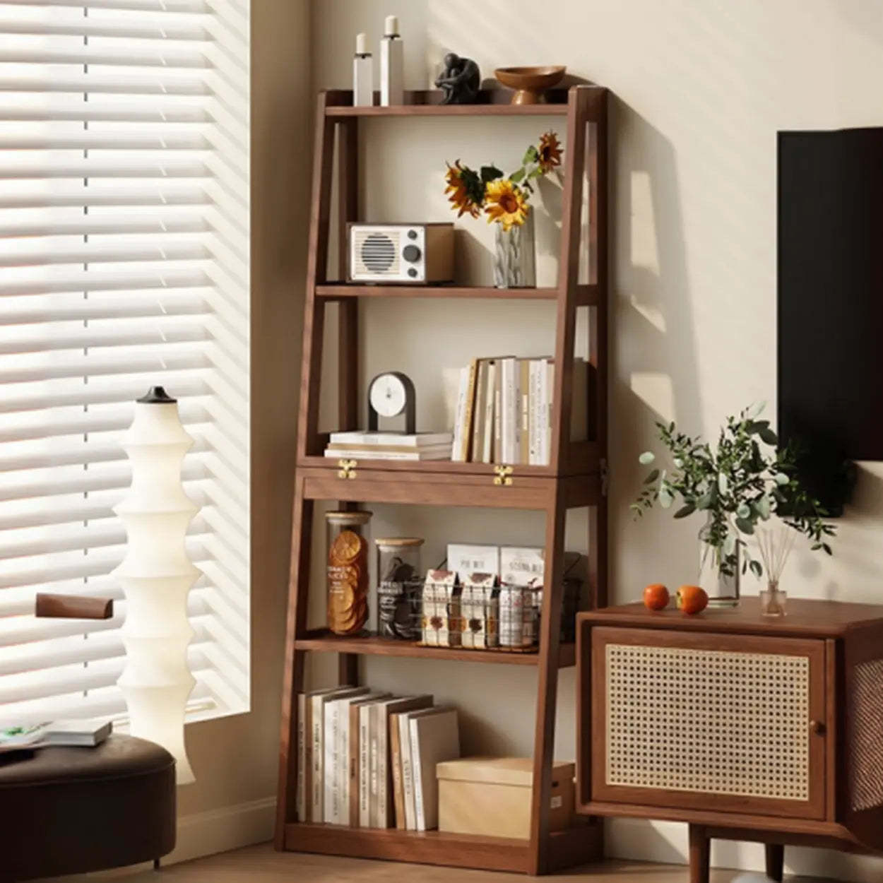 Scandinavian Corner Foldable Wood Ladder Bookshelf — Black