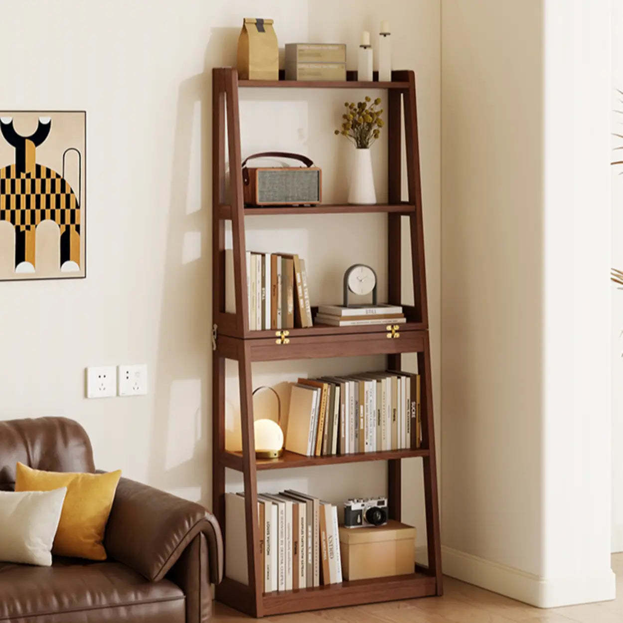 Scandinavian Corner Foldable Wood Ladder Bookshelf — White