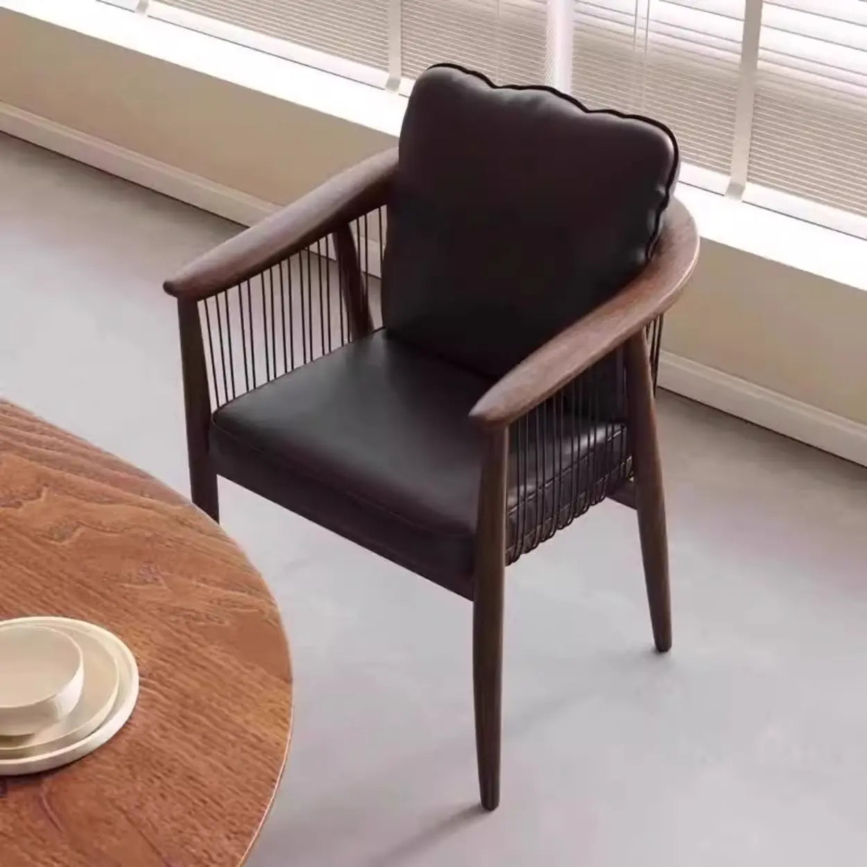 Scandinavian Rope Cushion Wood Dining Arm Chair — Black / Walnut