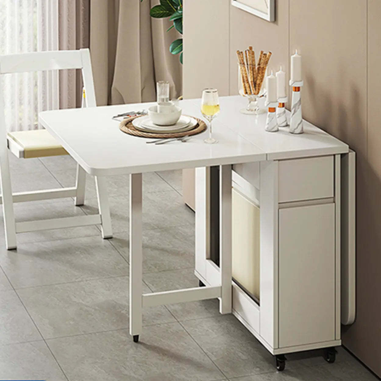 Scandinavian Drop-Leaf White Dining Table