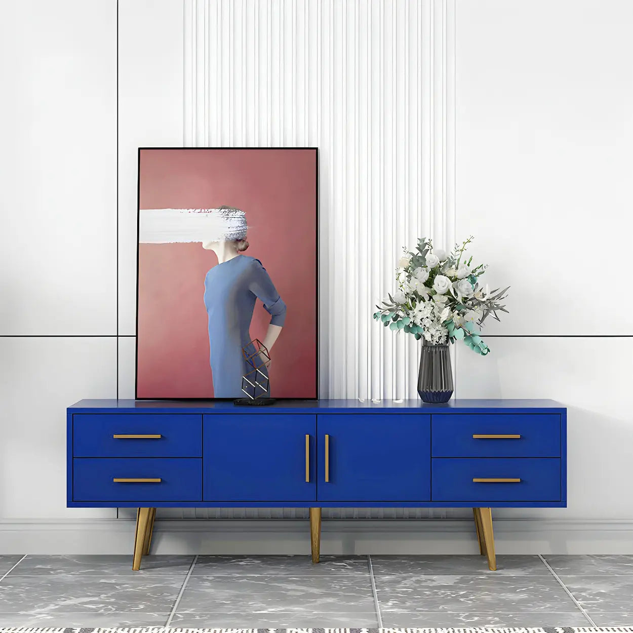 Matte Wood TV Stand with Drawers — Champagne