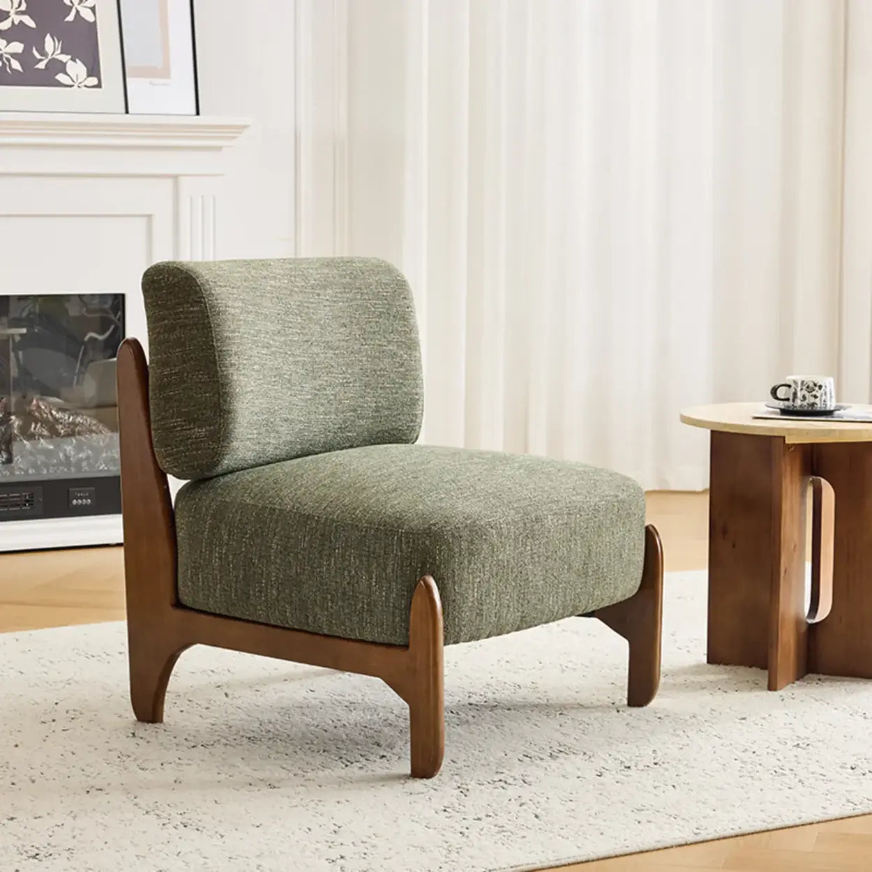 Scandinavian Low Profile Green Chenille Accent Chair