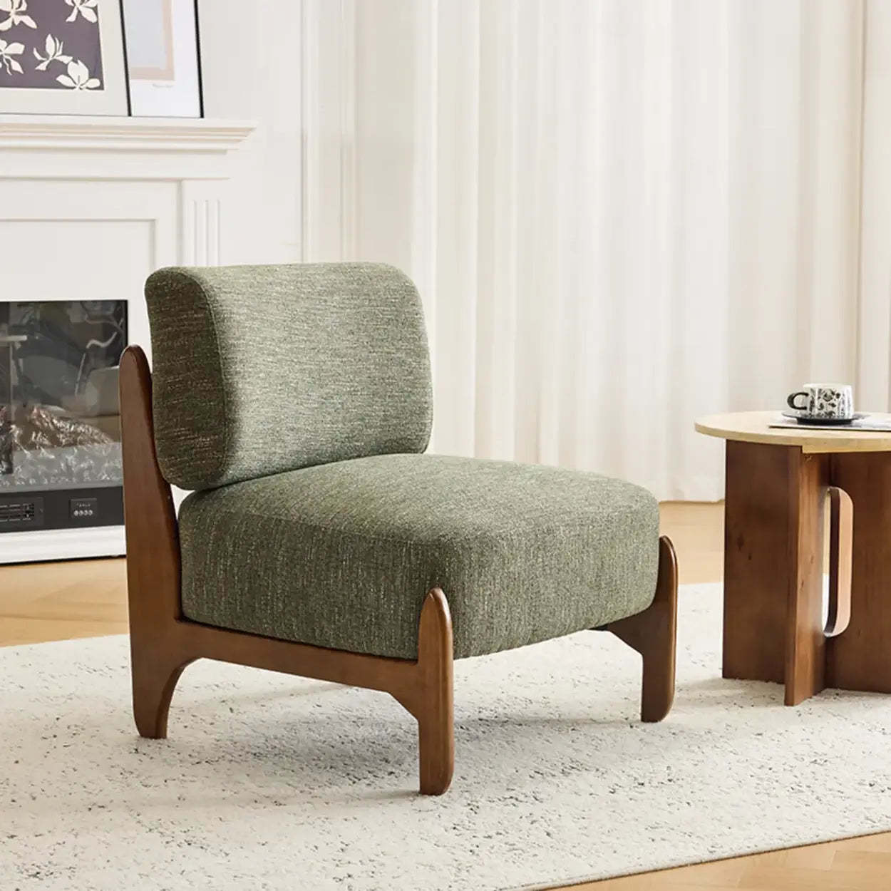 Scandinavian Low Profile Green Chenille Accent Chair