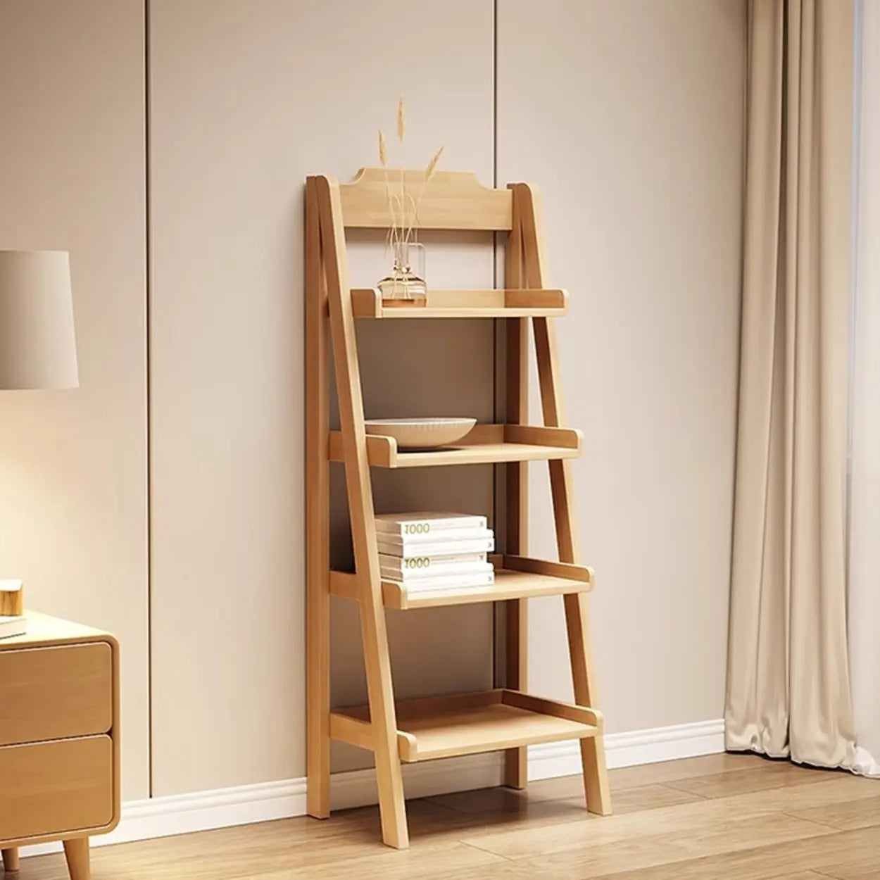 Scandinavian Minimalist Wood Ladder Bookshelf — Walnut