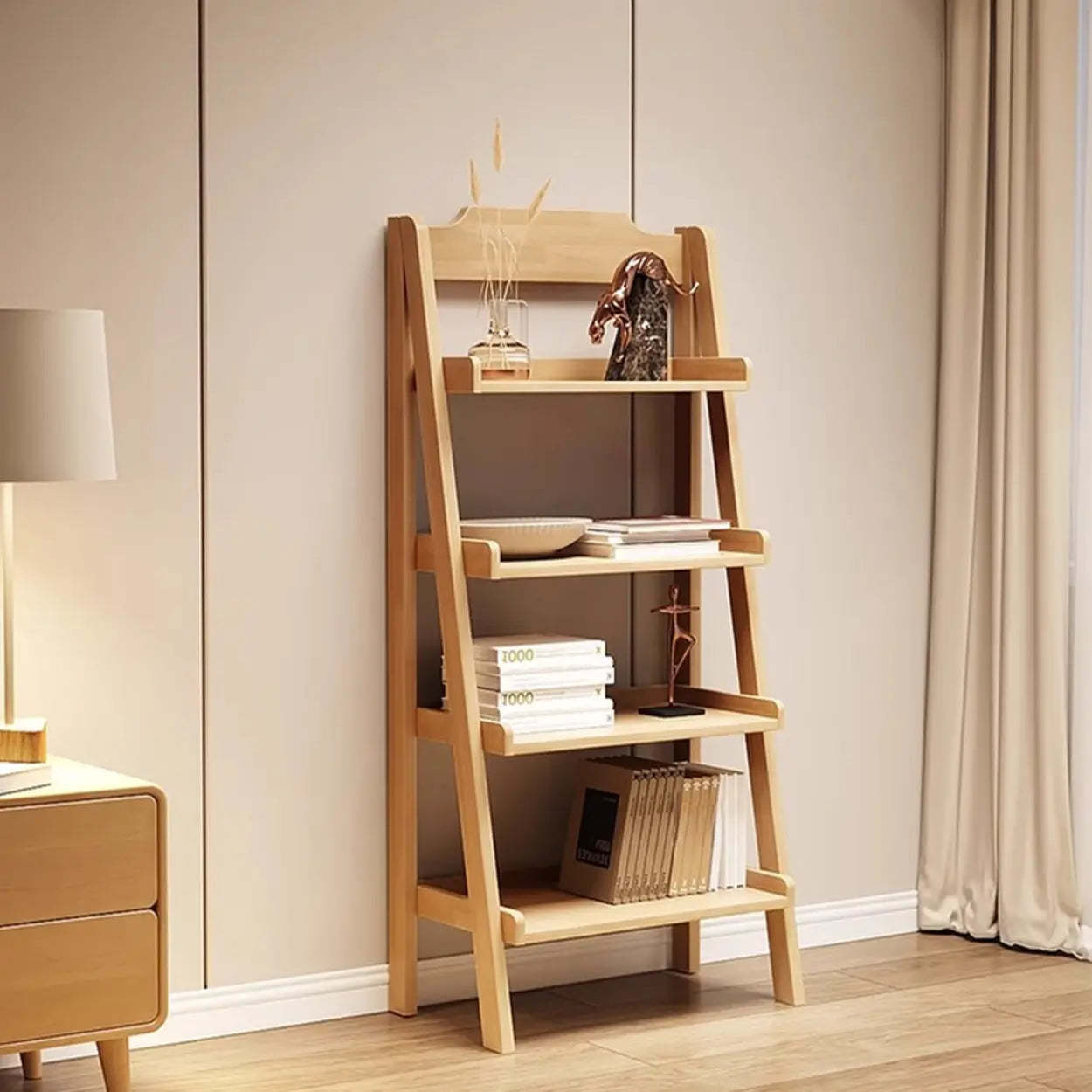 Scandinavian Minimalist Wood Ladder Bookshelf — Walnut