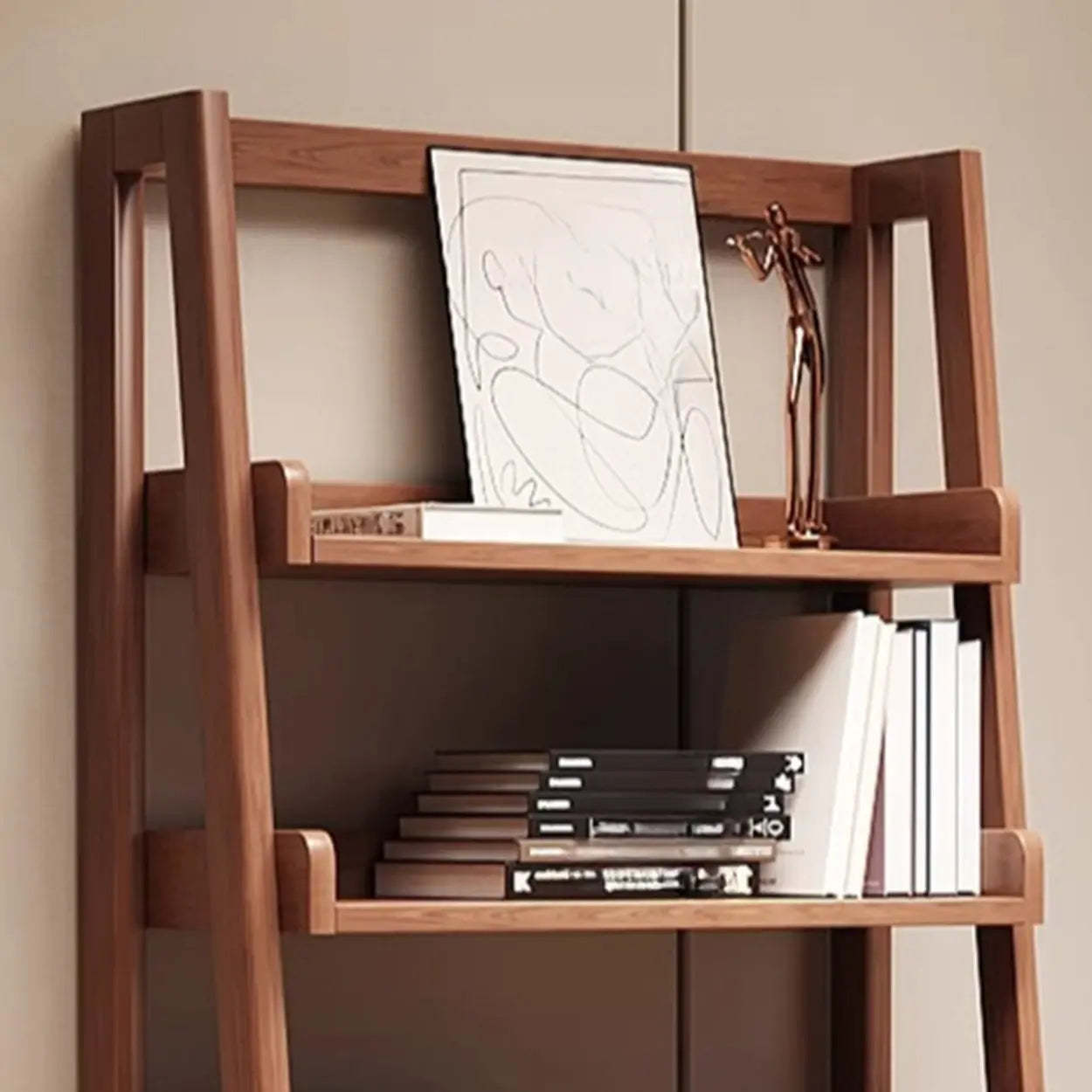 Scandinavian Minimalist Wood Ladder Bookshelf — Rubberwood