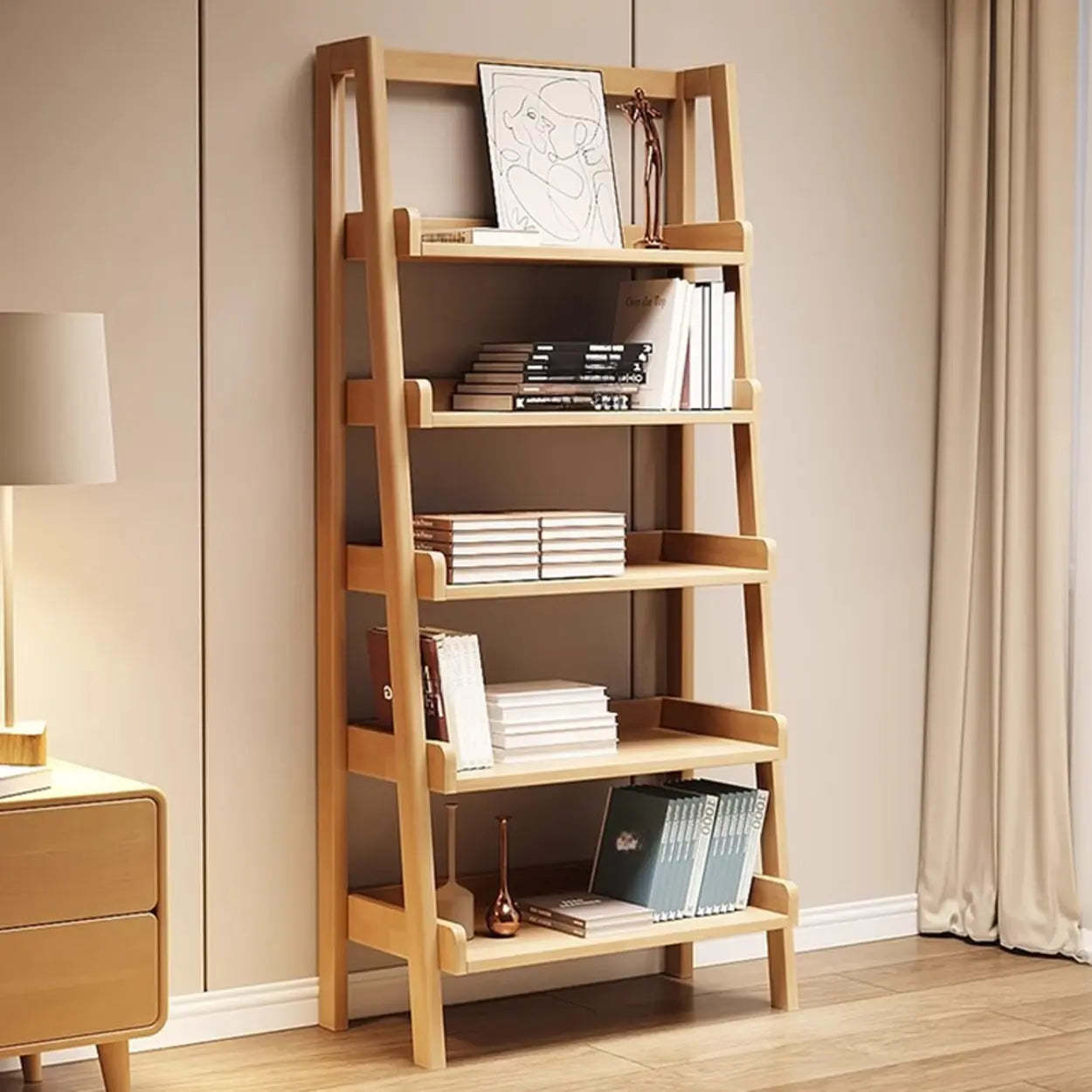 Scandinavian Minimalist Wood Ladder Bookshelf — Rubberwood