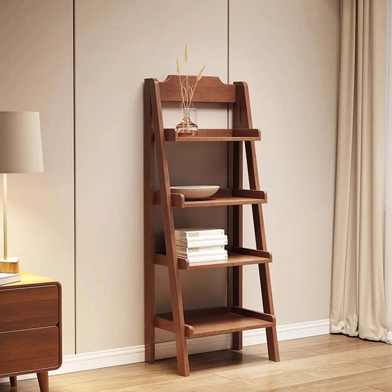 Bookshelf ladder wood display cabinets for office — 17.3" L x 14.2" W x 55.1" H / Walnut
