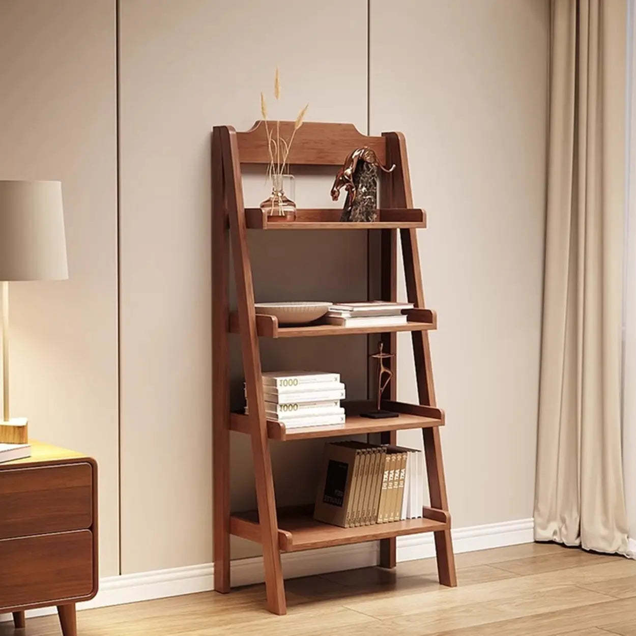 Scandinavian Minimalist Wood Ladder Bookshelf