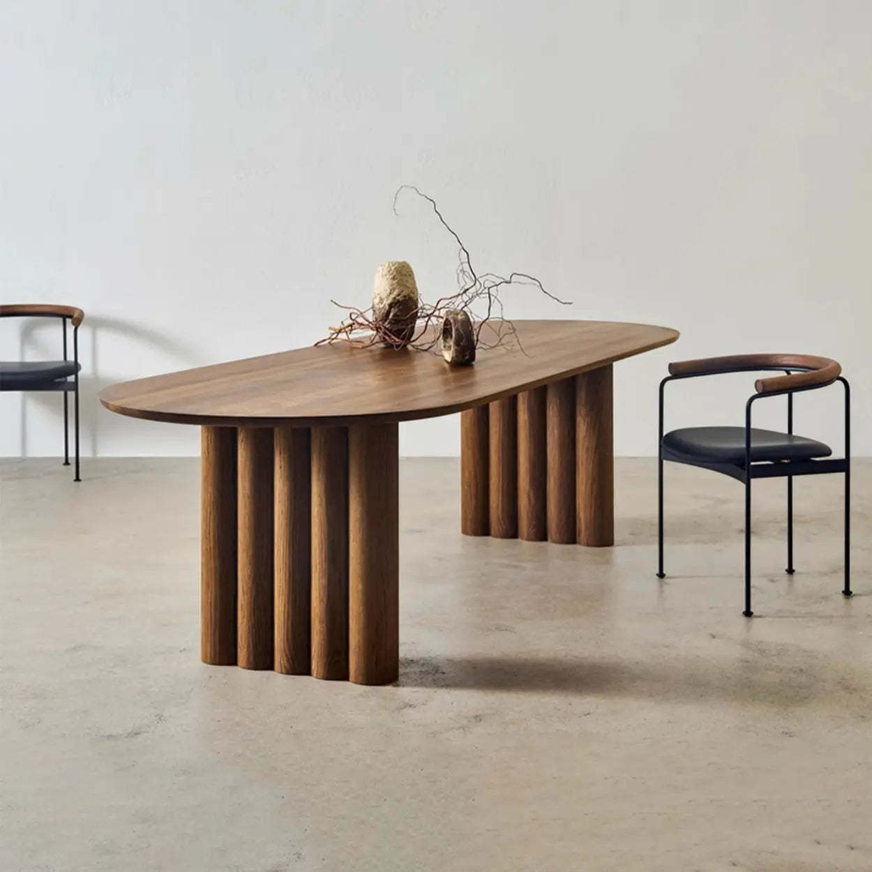 Scandinavian Oval Wood Fluted Base Dining Table — Nut/Brown / Table Only