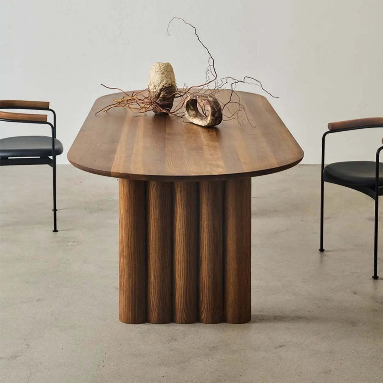 Scandinavian Oval Wood Fluted Base Dining Table — Nut/Brown / Table Only