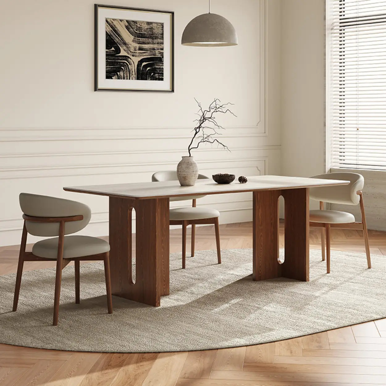 Scandinavian Minimalist Beige Stone Top Dining Table — Table Only