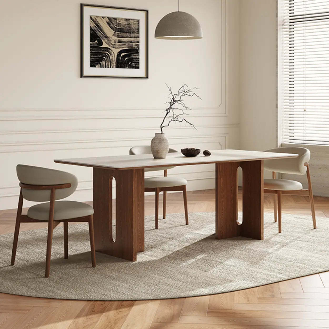 Scandinavian Minimalist Beige Stone Top Dining Table — Table Only