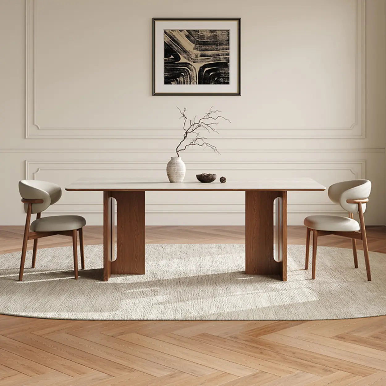 Scandinavian Minimalist Beige Stone Top Dining Table — Table Only