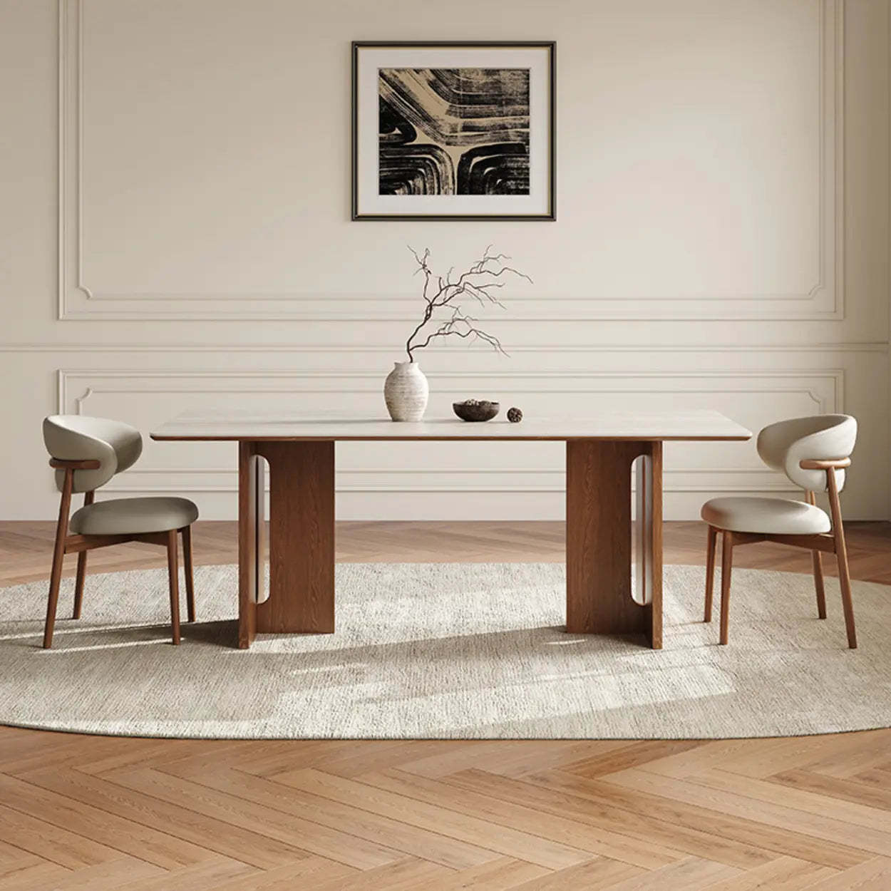 Scandinavian Minimalist Beige Stone Top Dining Table — Table Only