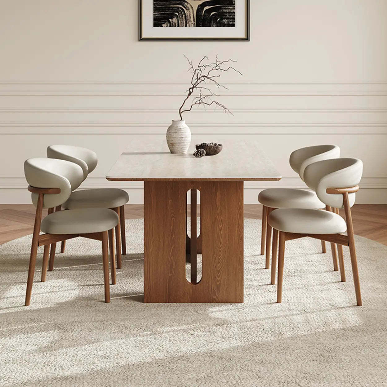 Scandinavian Minimalist Beige Stone Top Dining Table