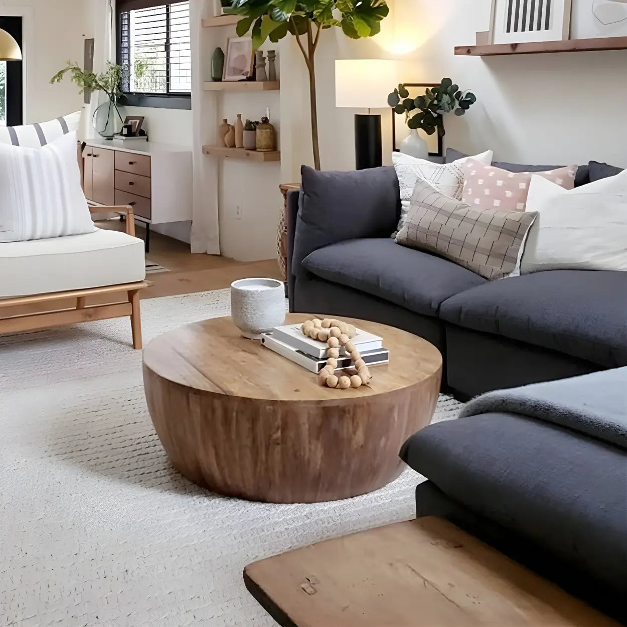 Scandinavian Natural Drum Wood Round Coffee Table