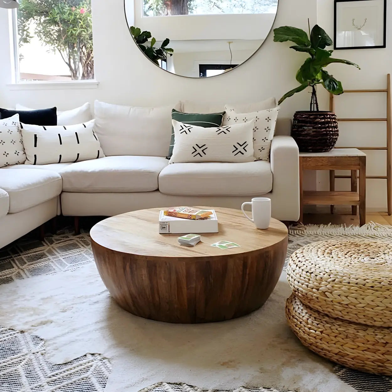 Round drum wood coffee tables for living room — 31.5" L x 31.5" W x 15" H