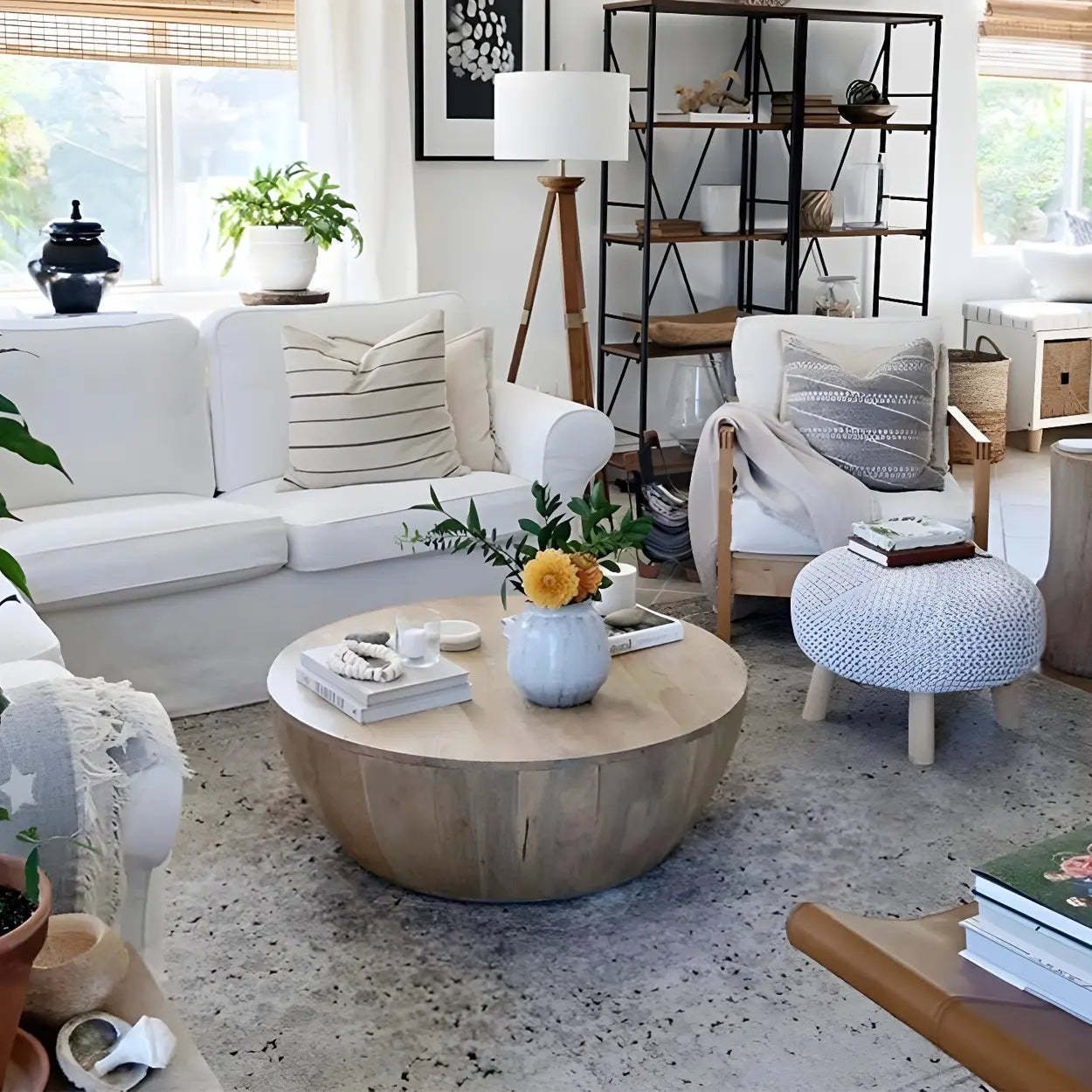 Nordic round drum coffee tables in wood — 35" L x 35" W x 15" H