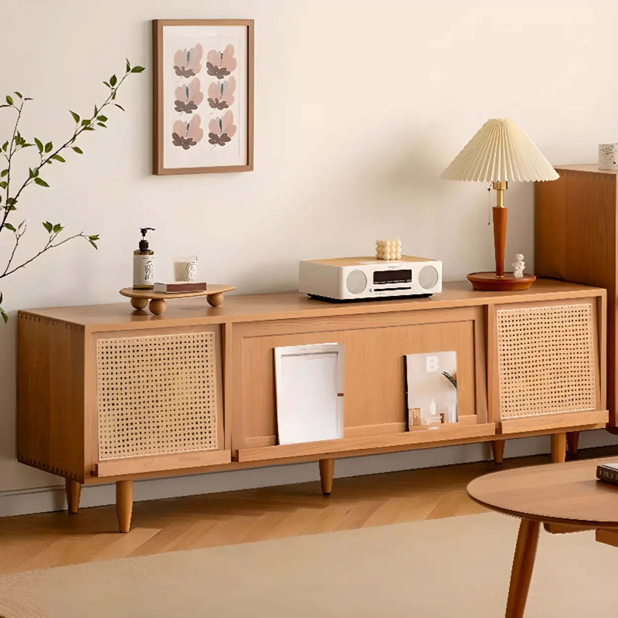 Scandinavian Natural Rectangular Wood TV Stand with Shelf — Glass Door