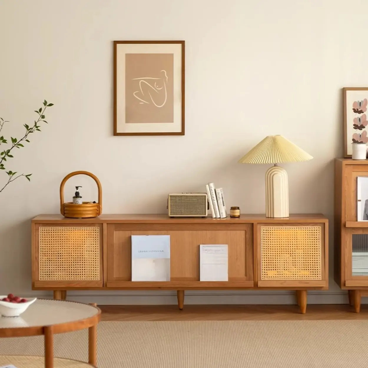 Scandinavian Natural Rectangular Wood TV Stand with Shelf — Glass Door