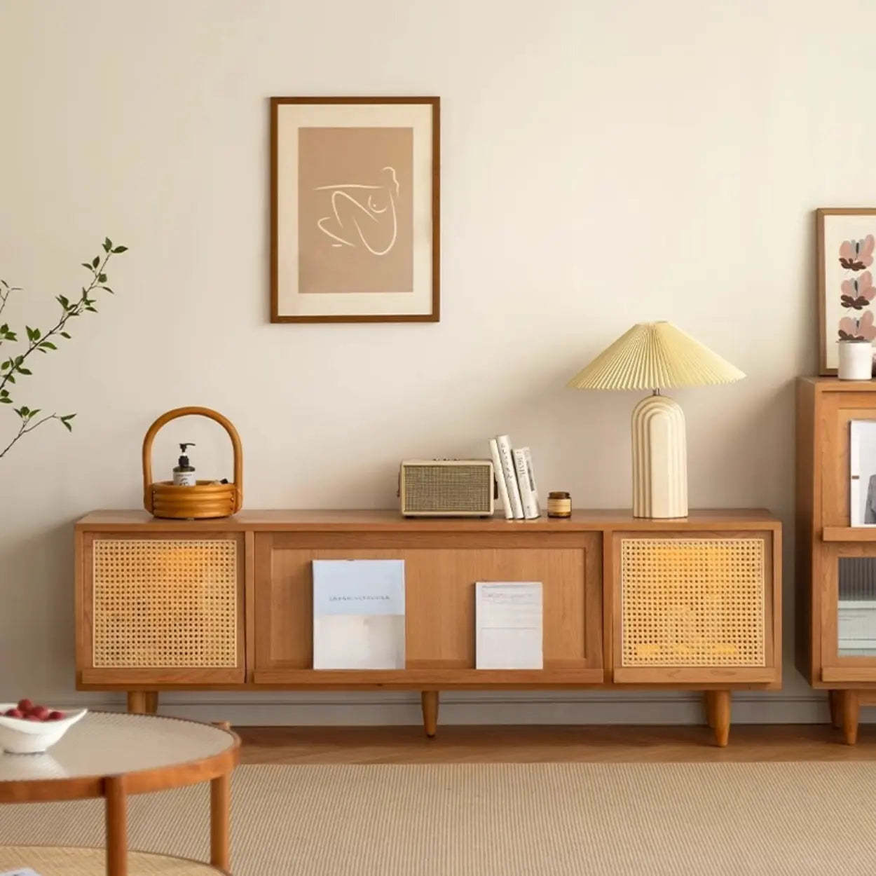 Scandinavian Natural Rectangular Wood TV Stand with Shelf — Glass Door