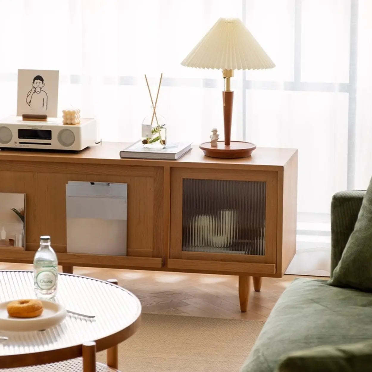 Scandinavian Natural Rectangular Wood TV Stand with Shelf — Rattan-Weaved Door