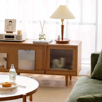 Scandinavian Natural Rectangular Wood TV Stand with Shelf — Rattan-Weaved Door