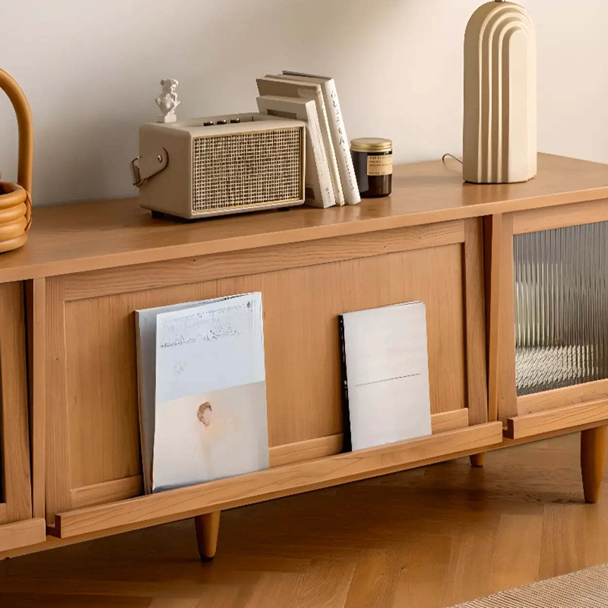 Scandinavian Natural Rectangular Wood TV Stand with Shelf