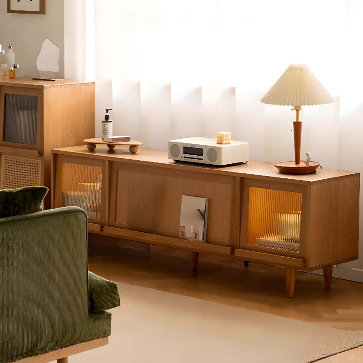 Scandinavian Natural Rectangular Wood TV Stand with Shelf