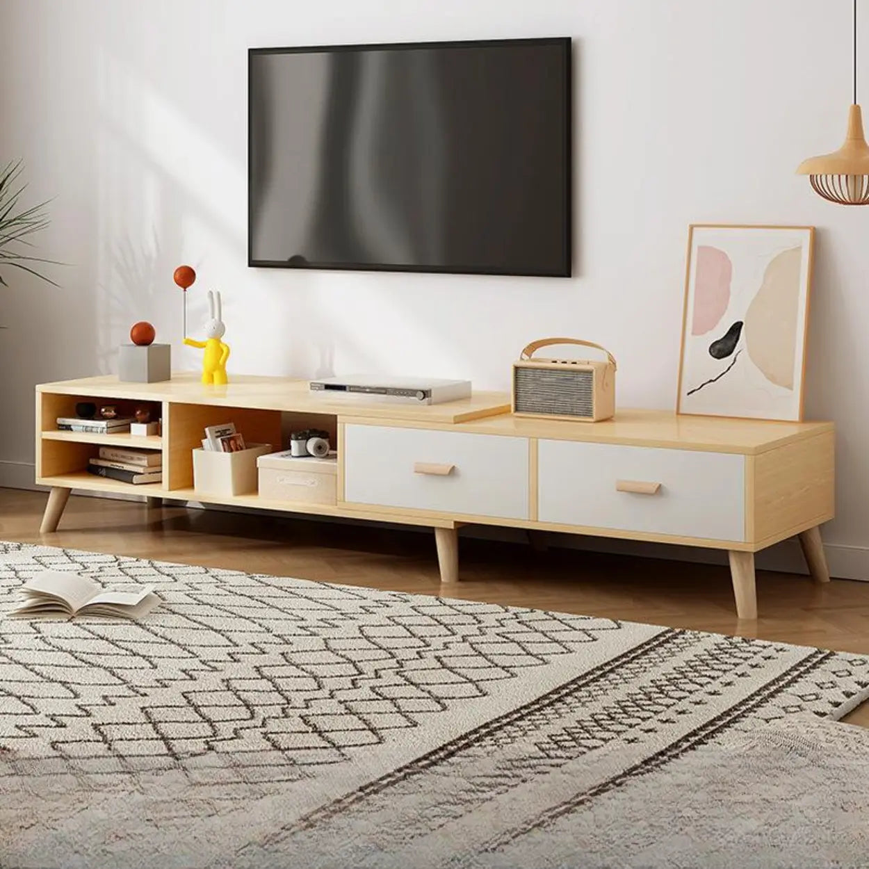 Scandinavian Oak Wood Rectangle TV Stand — Oak / 2 Drawers