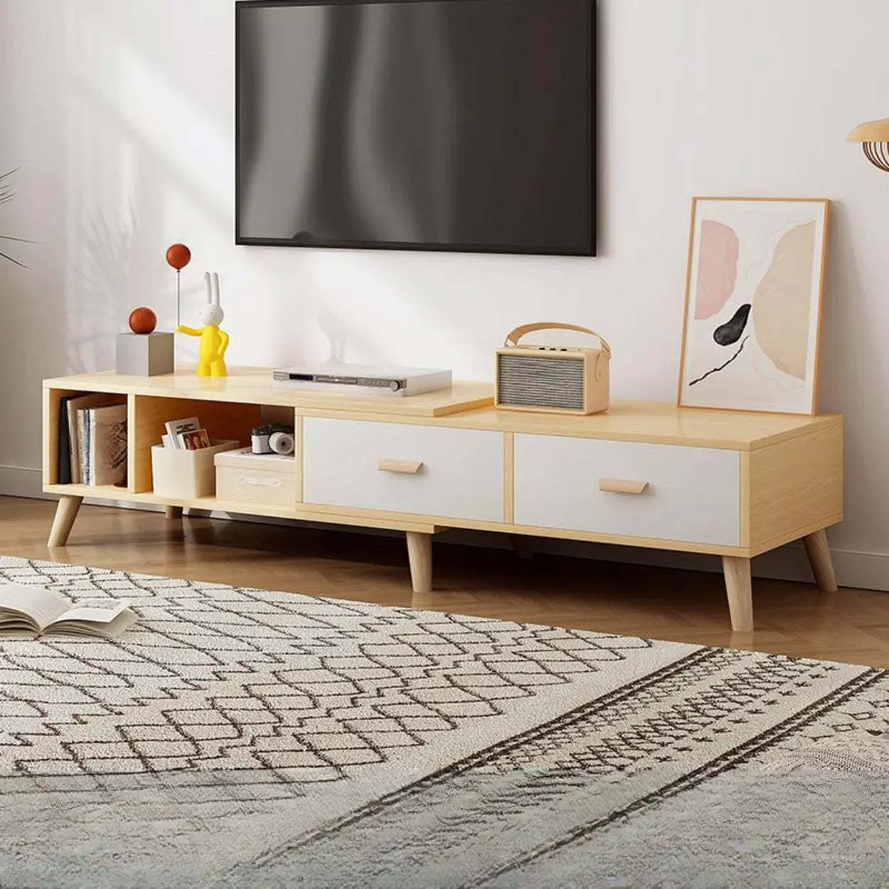 Scandinavian Oak Wood Rectangle TV Stand — Grey / 2 Doors