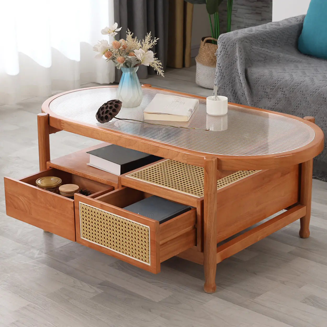 Scandinavian Oval Glass-Top Shelf Drawer Coffee Table