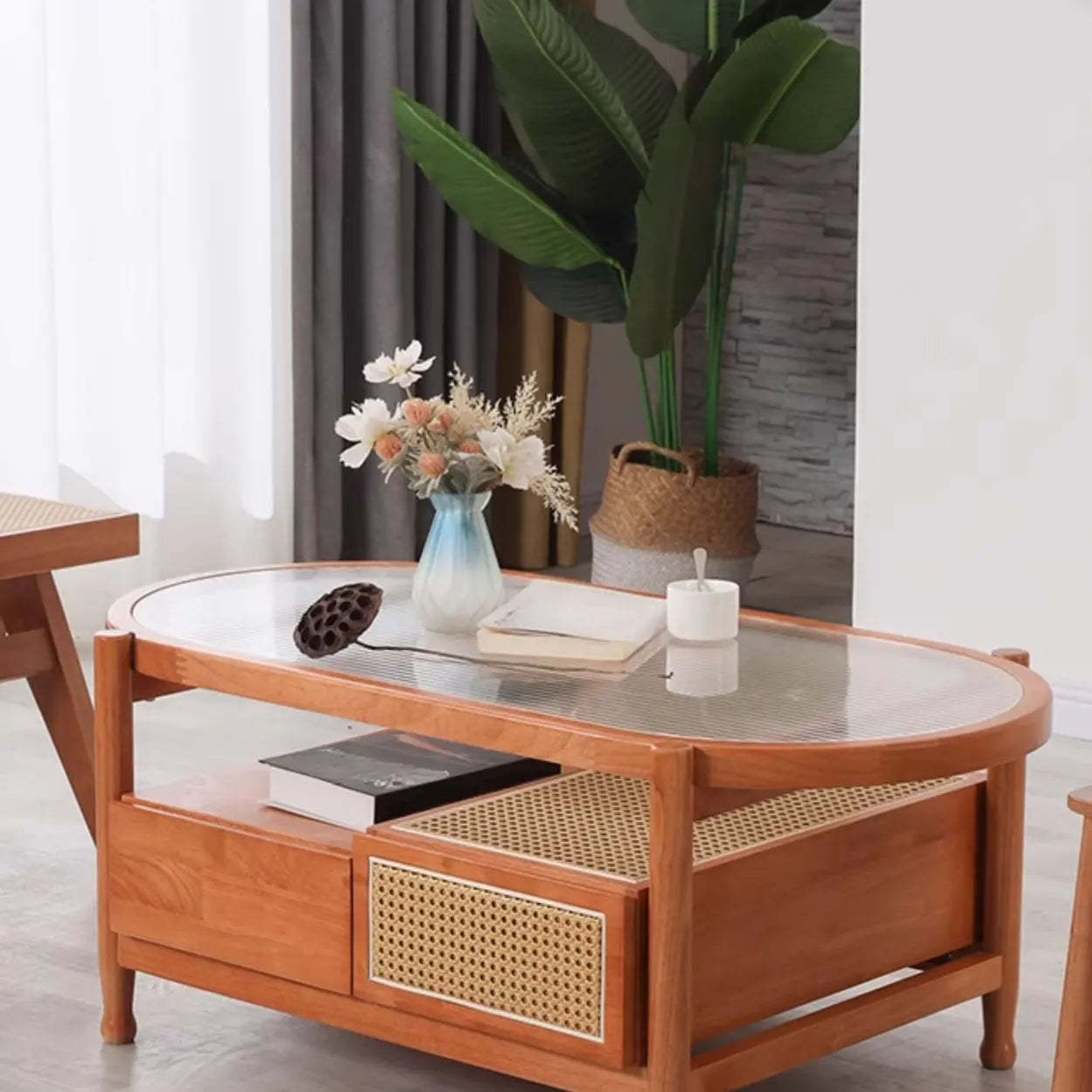 Scandinavian Oval Glass-Top Shelf Drawer Coffee Table