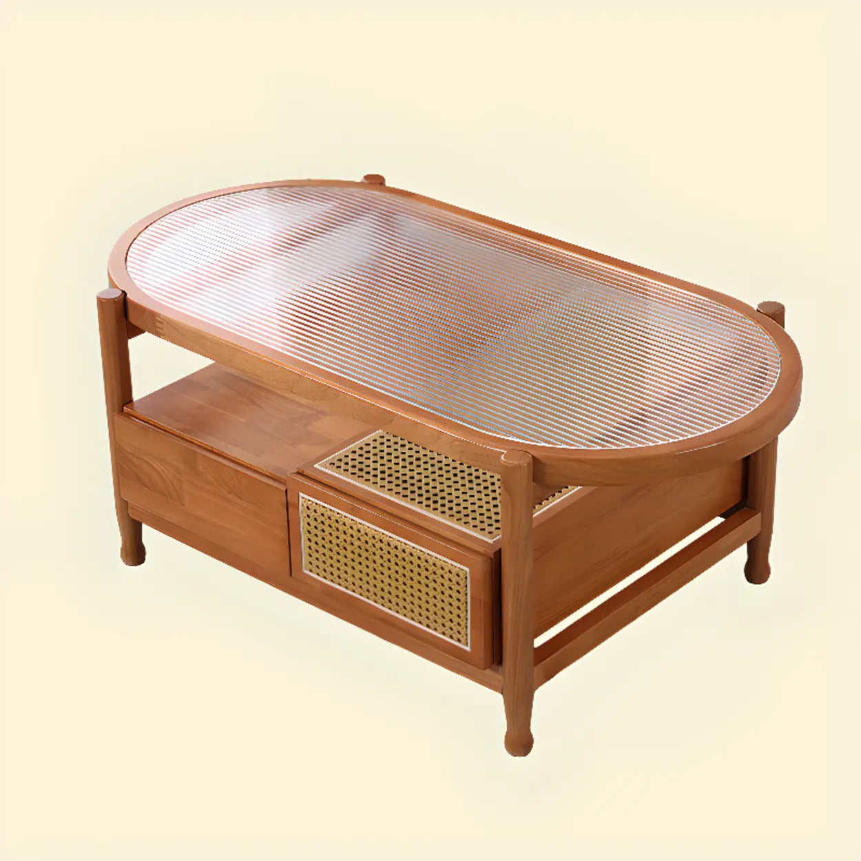Scandinavian Oval Glass-Top Shelf Drawer Coffee Table — Cherry Wood