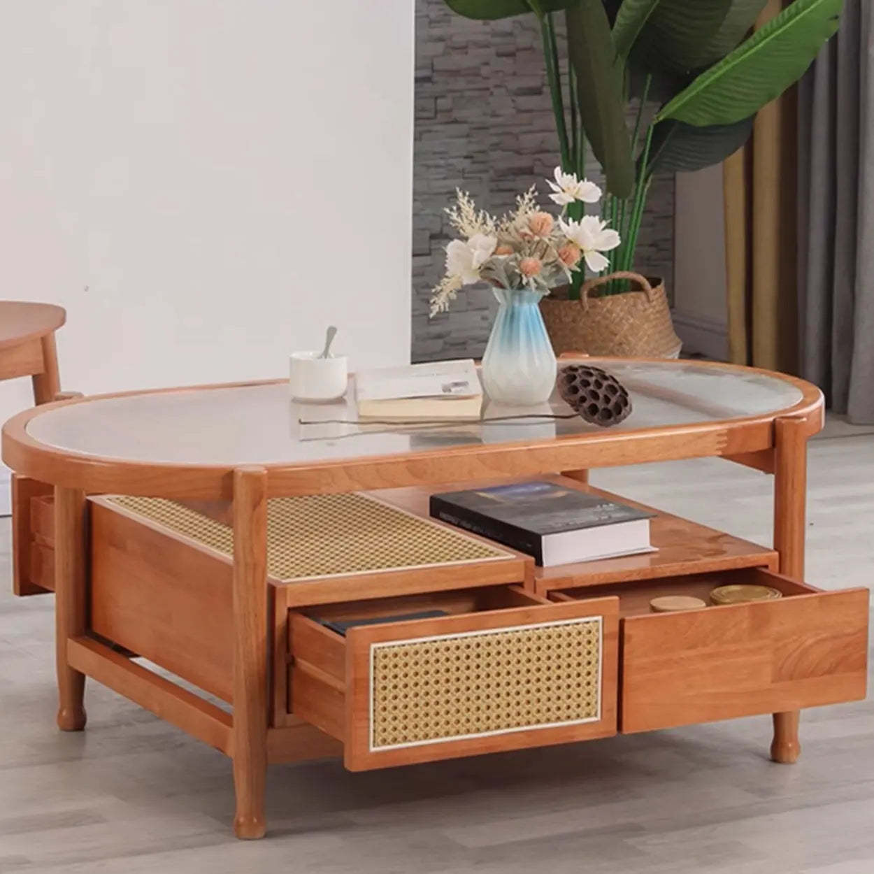 Scandinavian Oval Glass-Top Shelf Drawer Coffee Table