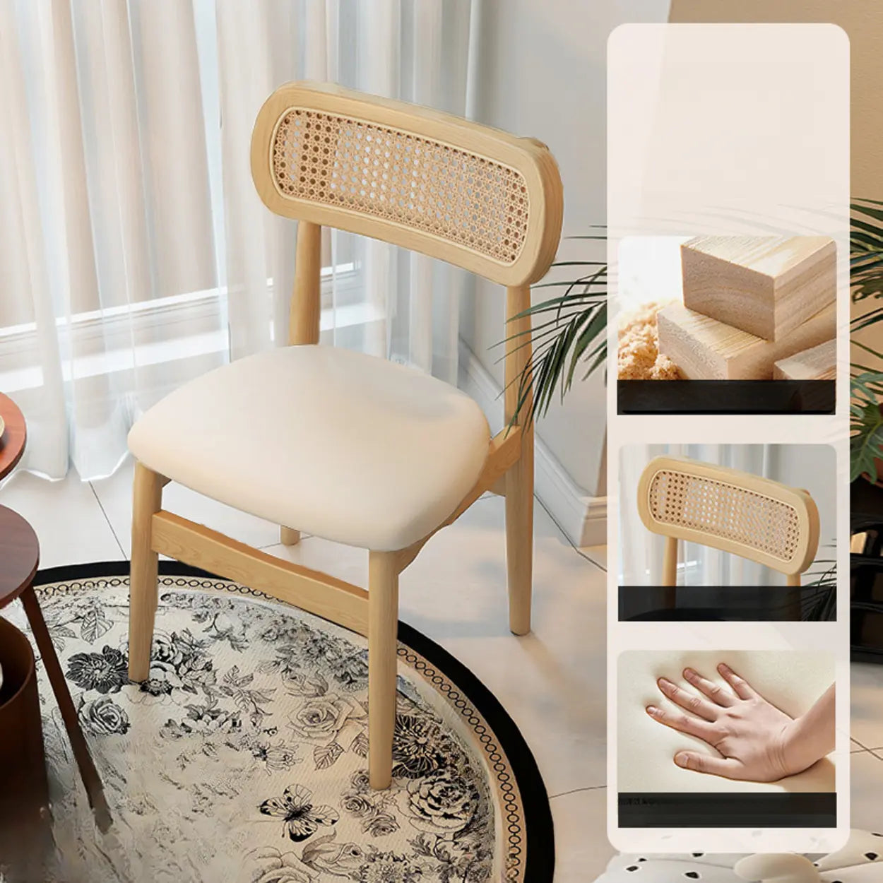 Scandinavian Rattan Open-Back Cushioned Dining Chair — Green / Natural Wood