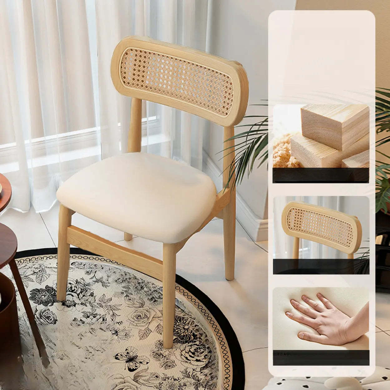 Scandinavian Rattan Open-Back Cushioned Dining Chair — Green / Natural Wood
