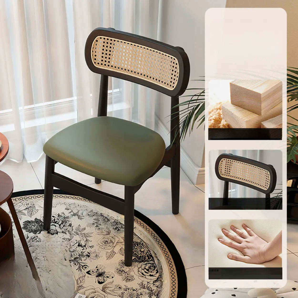Scandinavian Rattan Open-Back Cushioned Dining Chair — Brown Grey / Natural Wood
