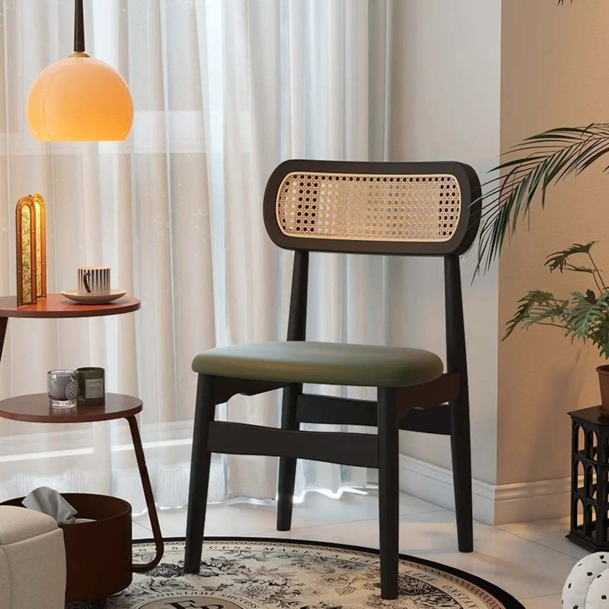 Scandinavian Rattan Open-Back Cushioned Dining Chair — Black / Black