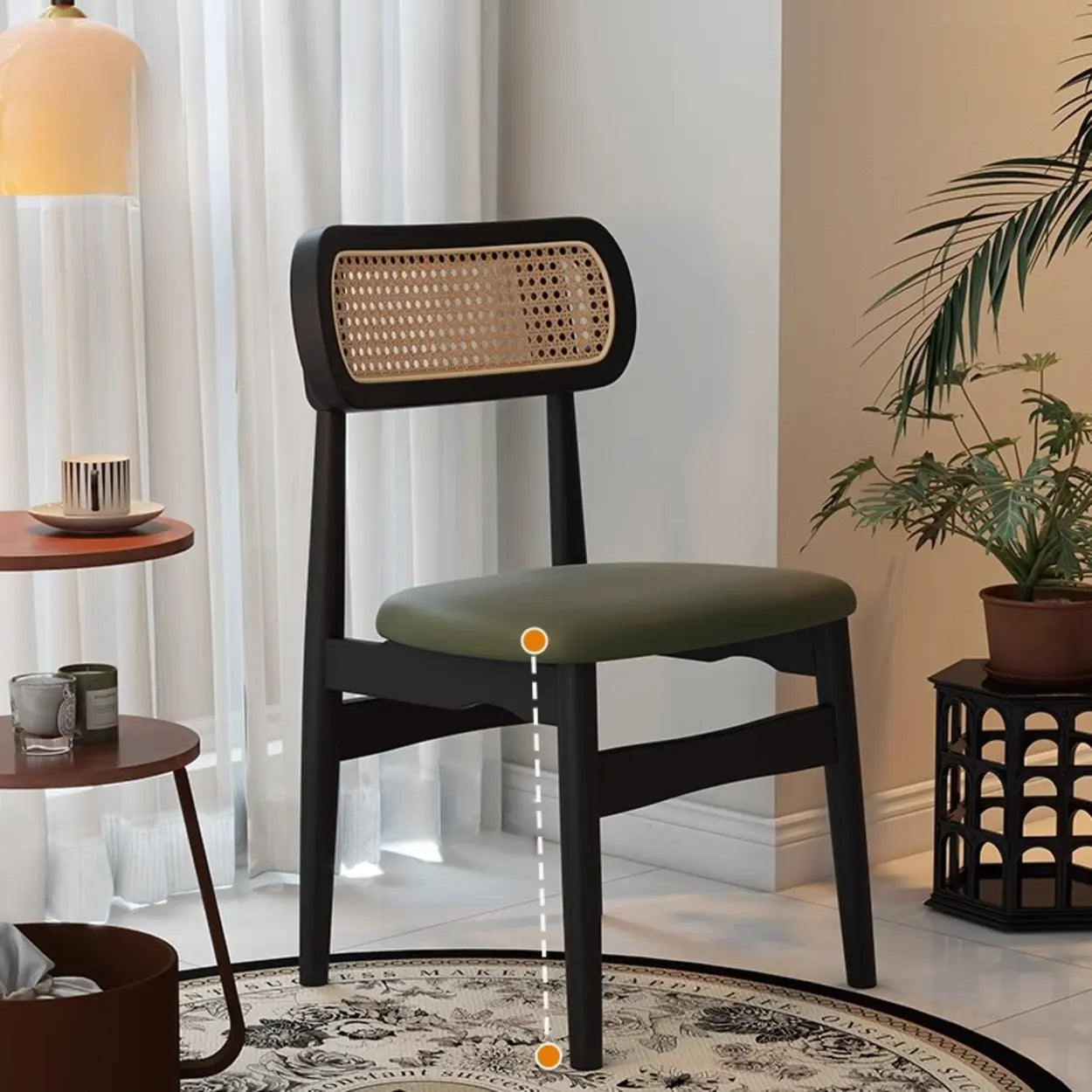 Scandinavian Rattan Open-Back Cushioned Dining Chair — Black / Natural Wood