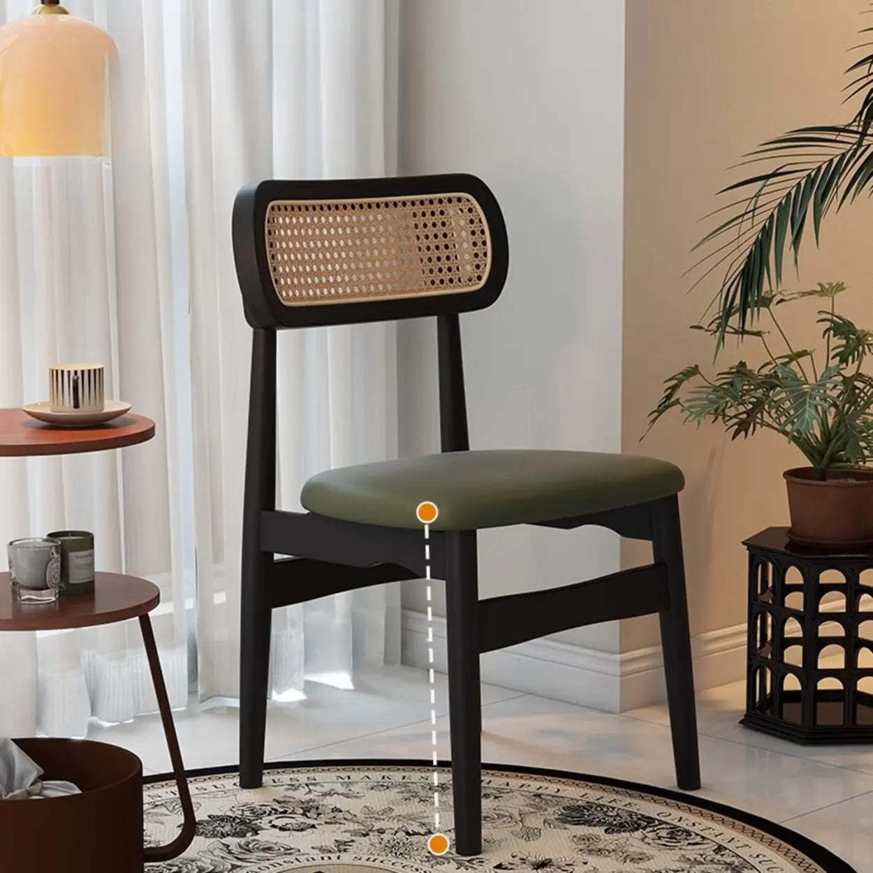 Scandinavian Rattan Open-Back Cushioned Dining Chair — Black / Natural Wood