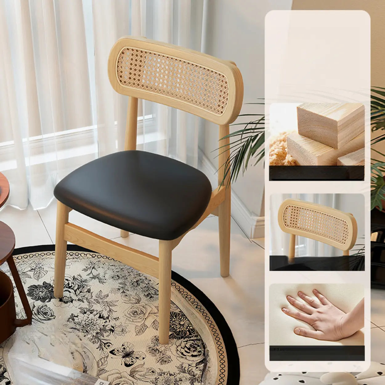 Scandinavian Rattan Open-Back Cushioned Dining Chair — Off-White / Black